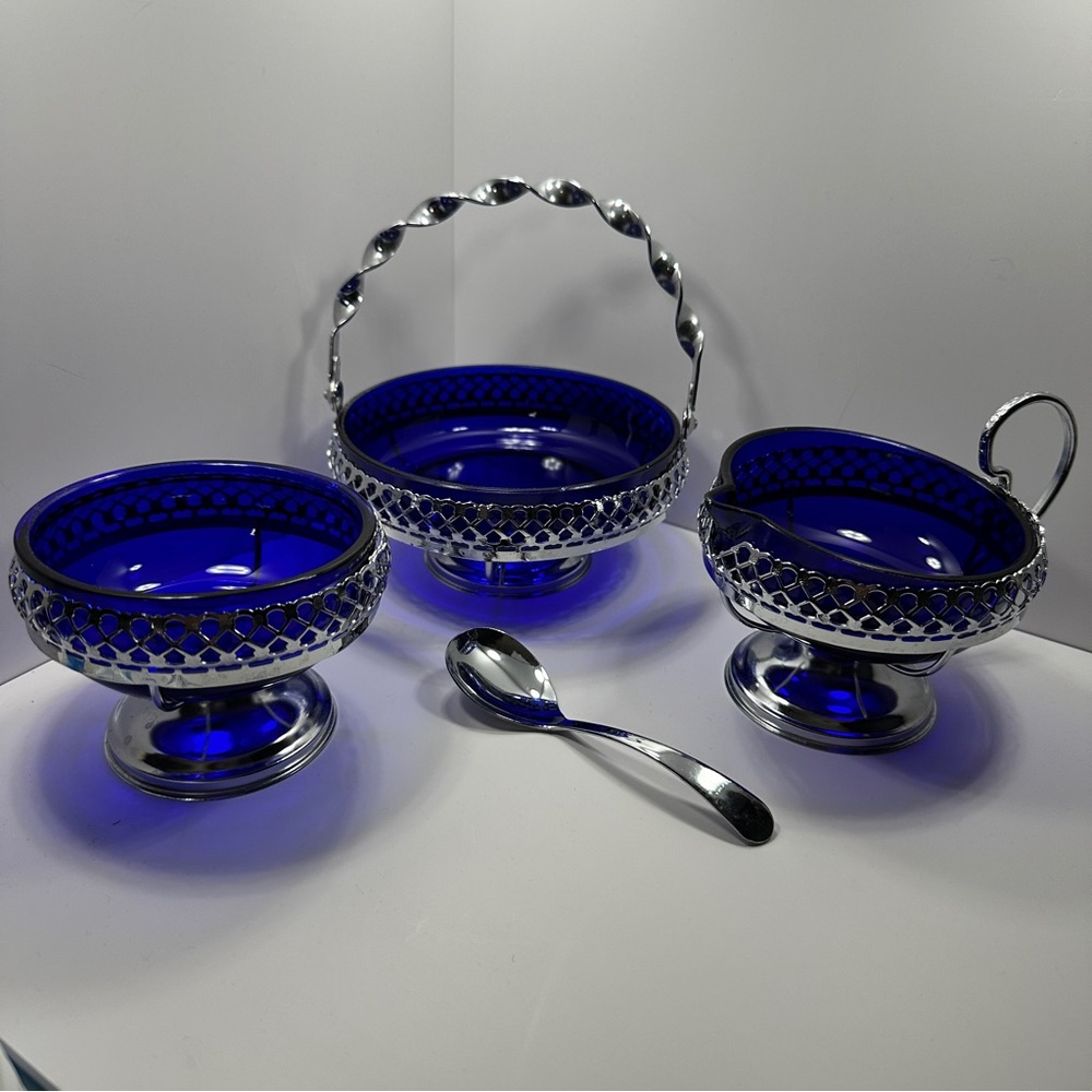 Elegant Cobalt Blue and Silver vintage cream & sugar set & candy dish